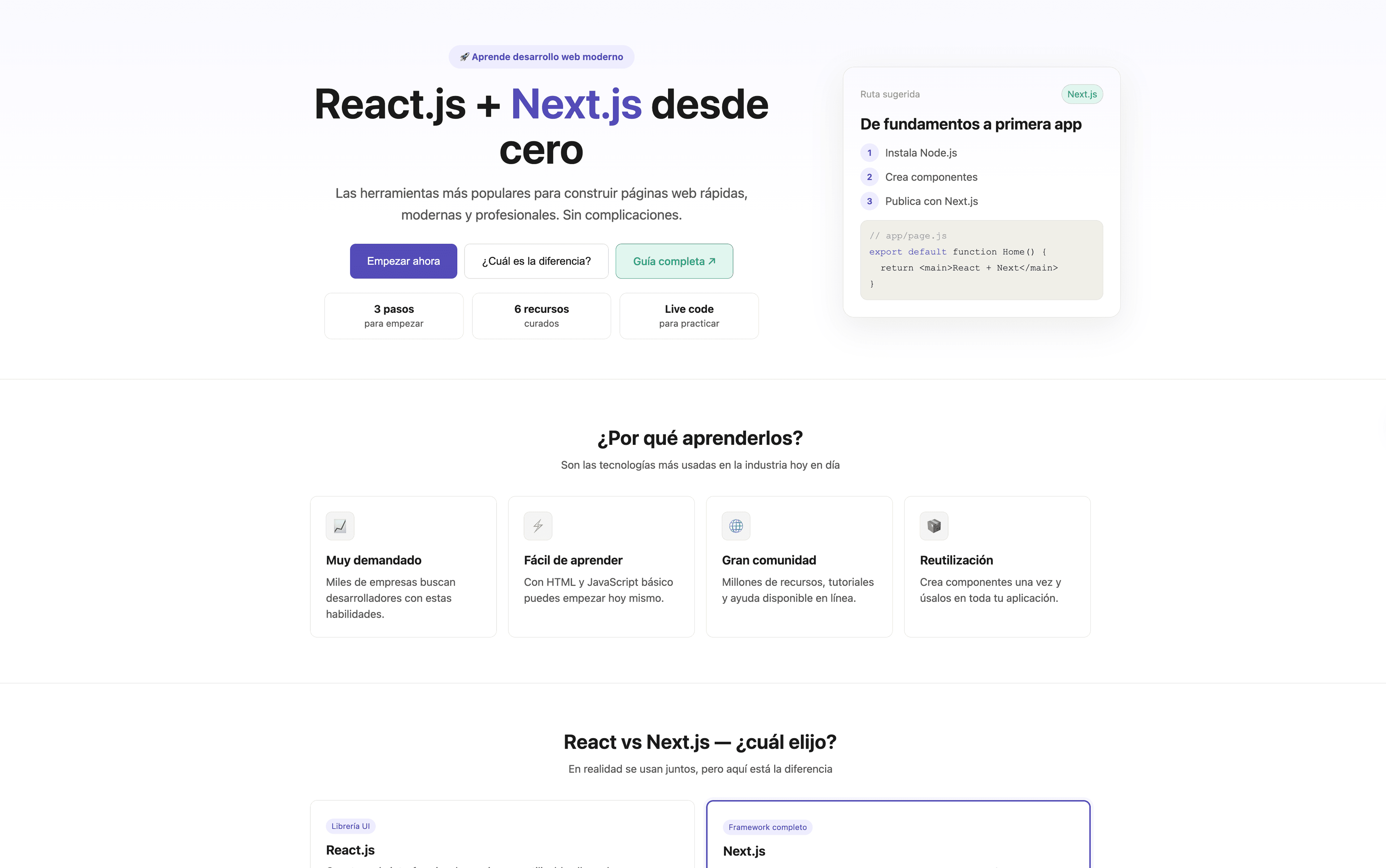 React + Next.js Learning Landing Page screenshot